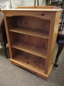 WAXED PINE FRAMED OPEN FRONTED PANELLED BACK TWO FIXED SHELF BOOKCASE