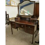 EDWARDIAN MAHOGANY DRESSING TABLE WITH SHAPED MIRRORED BACK WITH TWO DRAWERS AND OPEN SHELF WITH
