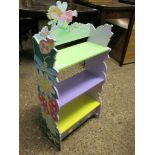 PAINTED CHILDS BOOKSHELF WITH CARVED SIDES AND PAINTED FAIRY BACK