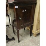 EDWARDIAN MAHOGANY SINGLE DOOR POT CUPBOARD WITH BRASS KNOB HANDLE WITH INLAID DETAIL ON TAPERING