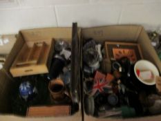 TWO BOXES OF MIXED CHINA WARES, GLASS WARES, MIXED ORNAMENTS ETC (2)