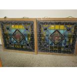 TWO OAK FRAMED STAINED GLASS PANELS