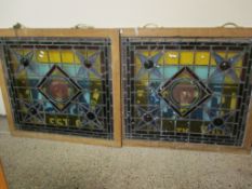 TWO OAK FRAMED STAINED GLASS PANELS