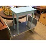 TWO WHITE PAINTED COFFEE TABLES TOGETHER WITH A TURQUOISE PAINTED SIDE TABLE ON TAPERING CYLINDRICAL
