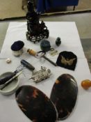 BOX CONTAINING MIXED ORIENTAL RESIN FIGURE, A SILVER PIN CUSHION ETC