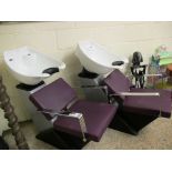 PAIR OF CHROMIUM AND PURPLE LEATHER SALON CHAIRS WITH BUILT IN SINKS