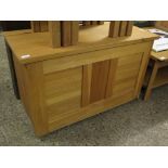 MODERN OAK FRAMED LIFT UP TOP BLANKET BOX WITH THREE PANELLED FRONT