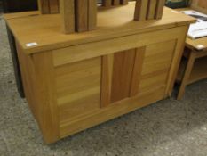 MODERN OAK FRAMED LIFT UP TOP BLANKET BOX WITH THREE PANELLED FRONT