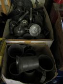 TWO BOXES OF 19TH CENTURY PEWTER WARES TO INCLUDE TANKARDS, CANDLE STICKS ETC