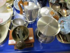 THREE PIECE ALUMINIUM PIQUET WARE TEA SET, A COFFEE GRINDER