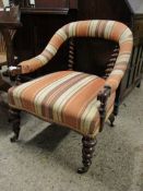 19TH CENTURY HORSESHOE BACK ARMCHAIR WITH STRIPED UPHOLSTERY WITH TWISTED FRONT LEGS AND BACK