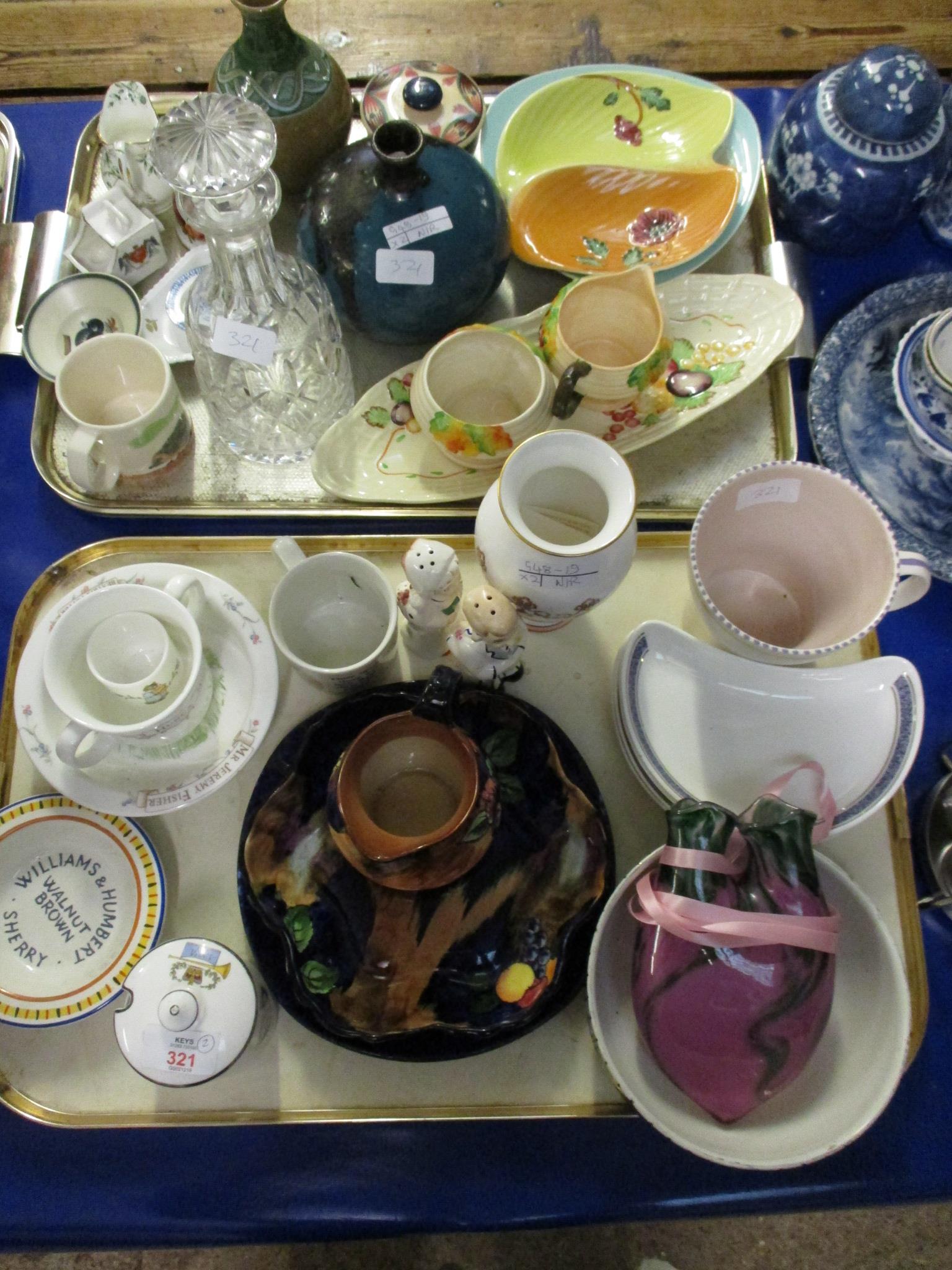 TWO TRAYS OF CARLTON WARE, POOLE MUG, ROYAL ALBERT BEATRIX POTTER TWO HANDLED MUG, DECANTER ETC (2)