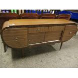 1970S RETRO MELAMINE SIDEBOARD WITH TWO DRAWERS CENTRALLY WITH SLIDING DOORS, FLANKED EITHER SIDE BY