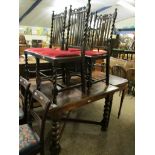 SET OF FOUR OAK FRAMED BARLEY TWIST DINING CHAIRS WITH RED DRALON DROP IN SEATS AND A FURTHER DRAW