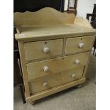 PINE FRAMED CHEST WITH GALLERIED BACK WITH TWO DRAWERS OVER TWO FULL WIDTH DRAWERS ON TURNED KNOB