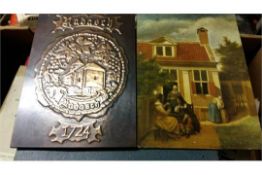 2 x items: a De Hooch Print, and impressed Copper Plaque.