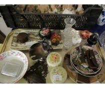TRAY CONTAINING MIXED DECORATIVE PLATES, LIDDED STORAGE BOXES ETC