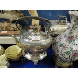 EARLY 20TH CENTURY ELECTRO-PLATED TEA KETTLE ON STAND OF FACETED AND OVAL FORM WITH HINGED COVER AND