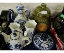 MIXED LOT OF BLUE AND WHITE TEA POTS ETC