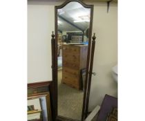 OAK FRAMED CHEVAL MIRROR WITH TURNED URN FINIALS