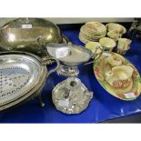 MIXED LOT: COMPRISING 19TH CENTURY SILVER ON COPPER TWO-HANDLED AND LIDDED SAUCE TUREEN OF OVAL FORM