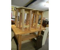 RECTANGULAR PINE FRAMED TABLE WITH SECOND SHELF TOGETHER WITH FOUR RUSTIC MADE STOOLS (5)