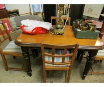 SET OF FOUR ARTS & CRAFTS LATTICE BACK DINING CHAIRS WITH STRIPED UPHOLSTERED SEATS AND AN OAK