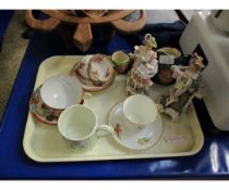 TRAY OF CONTINENTAL FIGURES, CUPS, SAUCERS ETC