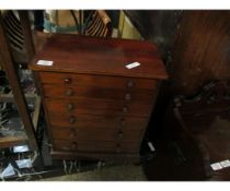 MAHOGANY APPRENTICE OR COLLECTORS CHEST FITTED WITH SIX FULL WIDTH DRAWERS WITH BUTTON HANDLES