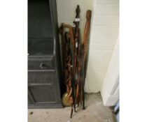 BUNDLE OF MIXED WALKING STICKS, BRASS WARMING PAN ETC