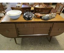 1970S RETRO MELAMINE SIDEBOARD WITH TWO DRAWERS CENTRALLY WITH SLIDING DOORS, FLANKED EITHER SIDE BY