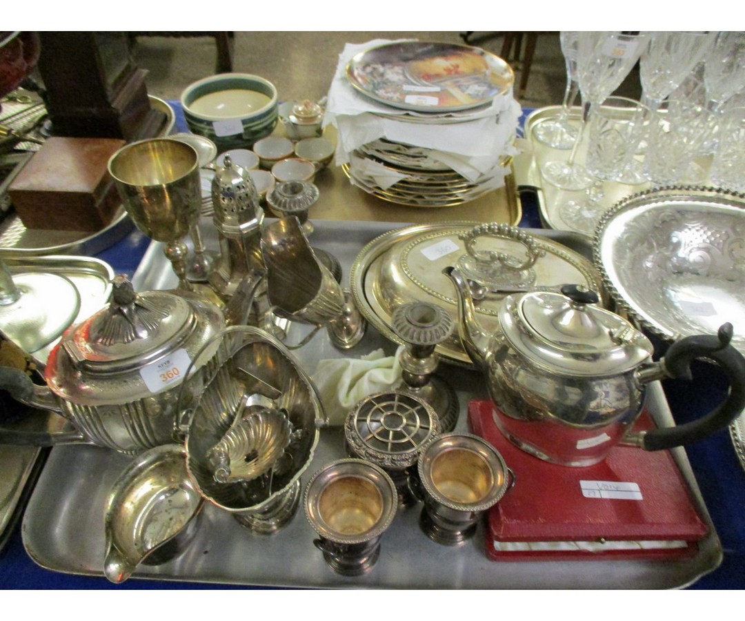 TRAY OF MIXED SILVER PLATED WARES, TEA POTS, ENTR E DISHES ETC