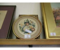 MINIATURE GILT FRAMED OIL OF A POPPY, WATERCOLOUR OF A COUNTRY SCENE AND A CIRCULAR GILT FRAMED