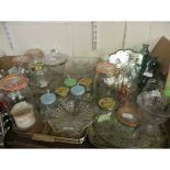 TWO TRAYS OF MIXED PEDESTAL BOWLS, KILNER JARS ETC