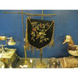 PAIR OF BRASS FRAMED TABLE SCREENS WITH ONE EMBROIDERED PANEL