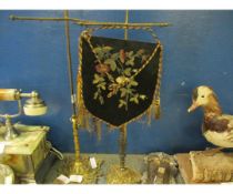 PAIR OF BRASS FRAMED TABLE SCREENS WITH ONE EMBROIDERED PANEL