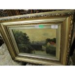 GILT FRAMED OIL ON CANVAS OF A CANAL LOCK