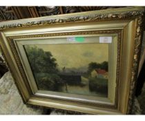 GILT FRAMED OIL ON CANVAS OF A CANAL LOCK