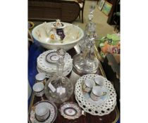 TRAY OF MIXED GLASS DECANTERS, RIBBON EDGED PLATES ETC