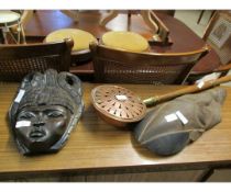 TWO AFRICAN HARDWOOD MASKS AND A MODERN COPPER WARMING PAN