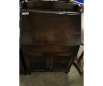 MAHOGANY FRAMED DROP FRONTED BUREAU WITH FULL WIDTH DRAWER WITH GLAZED DOORS TO BASE