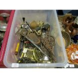 BOX CONTAINING MIXED STAINLESS STEEL TRIVETS, FLESH FORK ETC