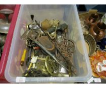 BOX CONTAINING MIXED STAINLESS STEEL TRIVETS, FLESH FORK ETC