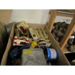 BOX CONTAINING DAYS GONE BY VEHICLES, SCALEXTRIC POWER PACK AND CONTROLLERS ETC