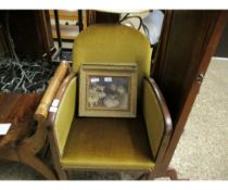 TEAK FRAMED YELLOW DRALON UPHOLSTERED ARMCHAIR