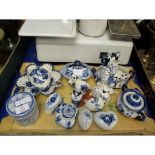 TRAY CONTAINING BLUE AND WHITE ORNAMENTS, LIDDED VASE ETC