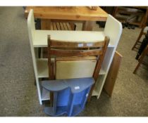 WHITE PAINTED THREE FIXED SHELF BOOKCASE AND A FOLDING BEECHWOOD CHAIR AND A BLUE PAINTED WALL