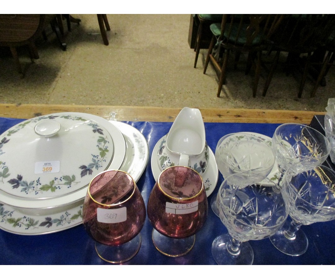 CUT GLASSES, PAIR OF CRANBERRY BRANDY BALLOONS, ROYAL DOULTON BURGUNDY PART DINNER SET