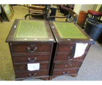 PAIR OF MAHOGANY EFFECT AND GREEN LEATHER TOPPED FILING CABINETS ON BRACKET FEET