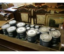 CRATE CONTAINING MIXED TINS OF VINTRO CHALK PAINT IN VARIOUS COLOURS